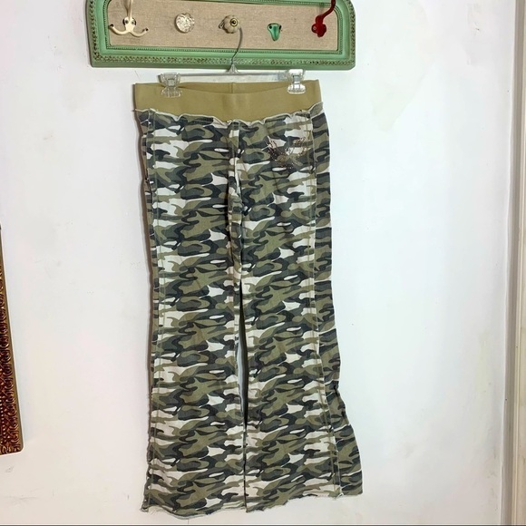 feathers Pants - Y2K Feathers cotton camouflage raw edge eagle Crystal flare leg pants medium